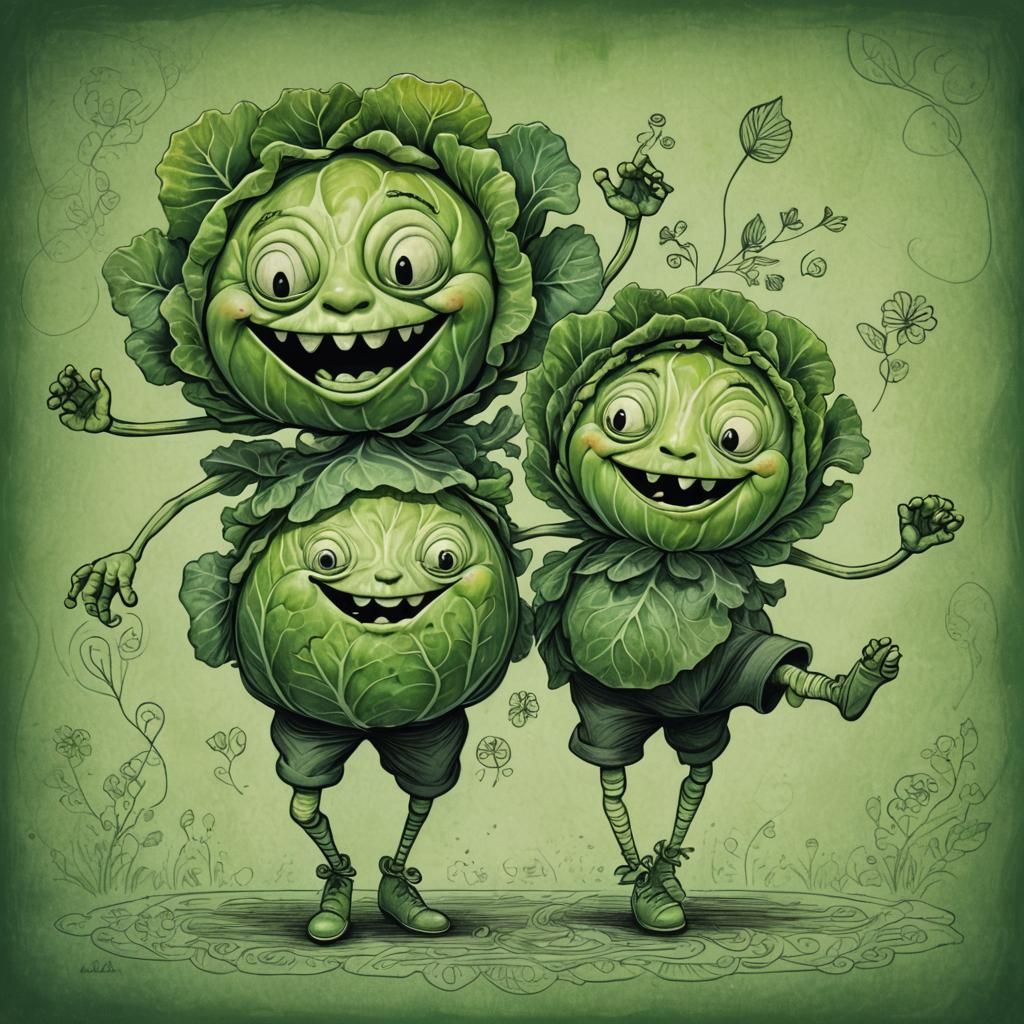 Dancing Cabbages: A Whimsical Charcoal Illustration