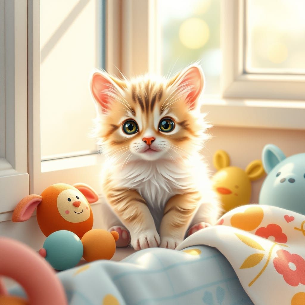 Whimsical Kitten in a Sunlit Nursery