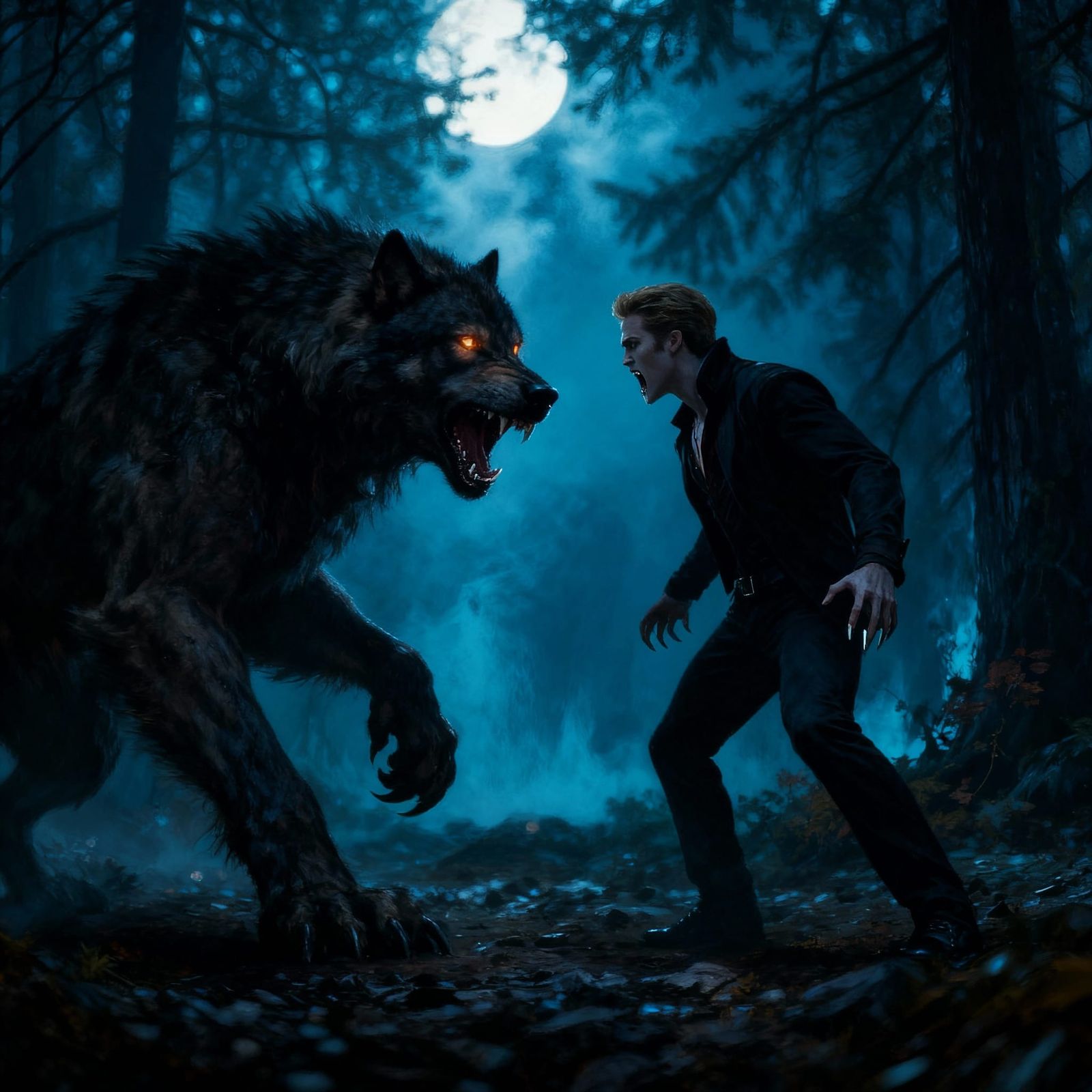 Werewolf Jacob Fights Vampire Edward in Moonlit Forest
