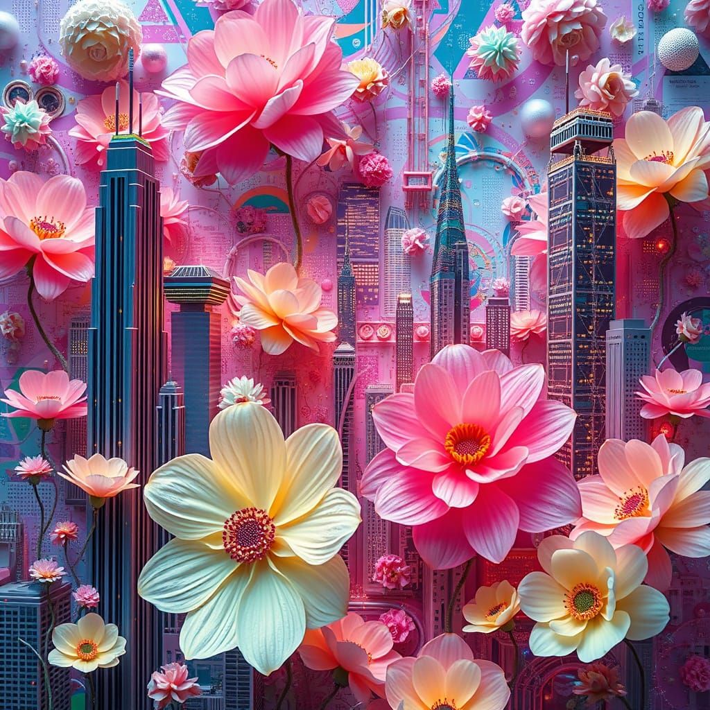 Surreal Anthropomorphic Motherboard with Pastel Flowers