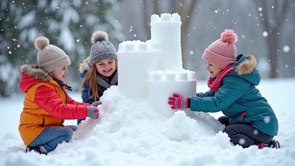 Children Building a Snow Castle in Winter Wonderland
