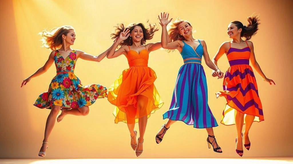 Three Colorful Women Jumping Together