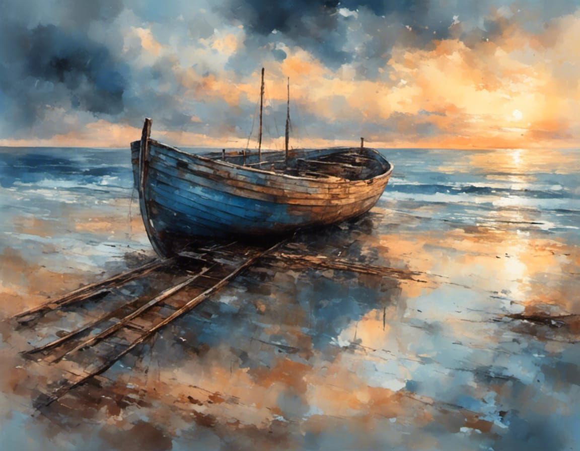 Watercolor Seascape with Old Boat on the Beach