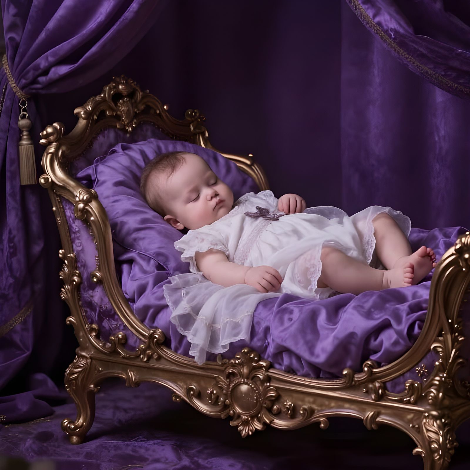 Baroque Baby Sleeping in Opulent Purple Cradle