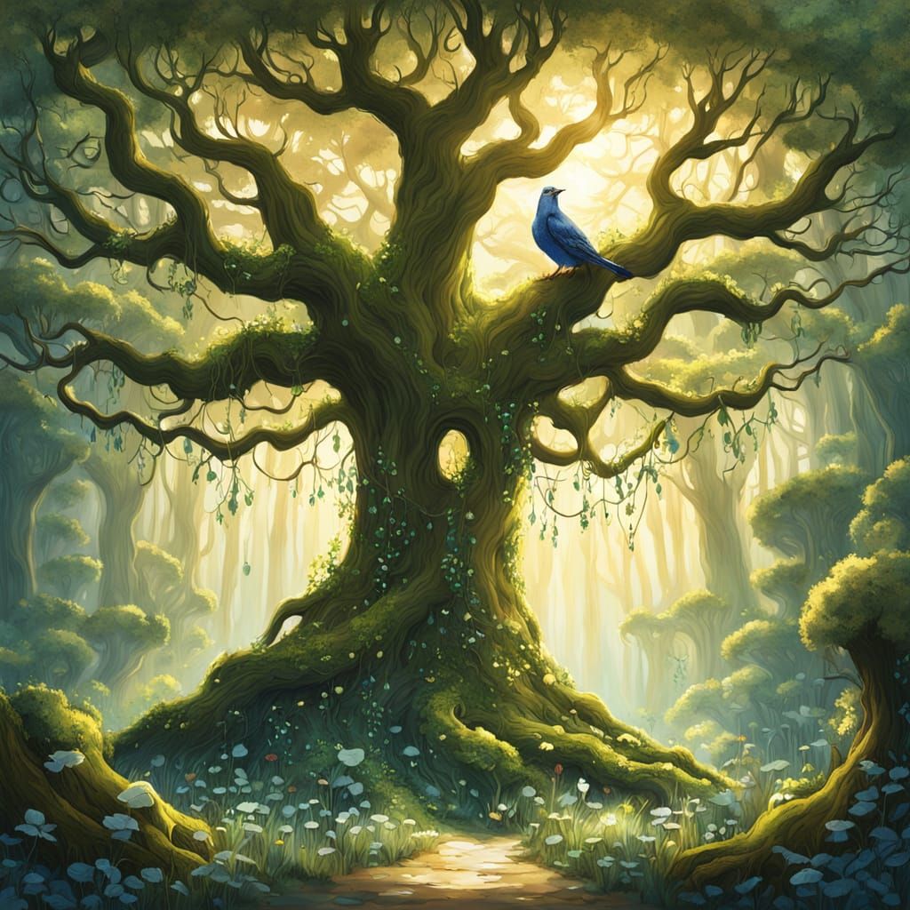 Elven Character With Griffin on Oak Tree | Fairy Tale Art