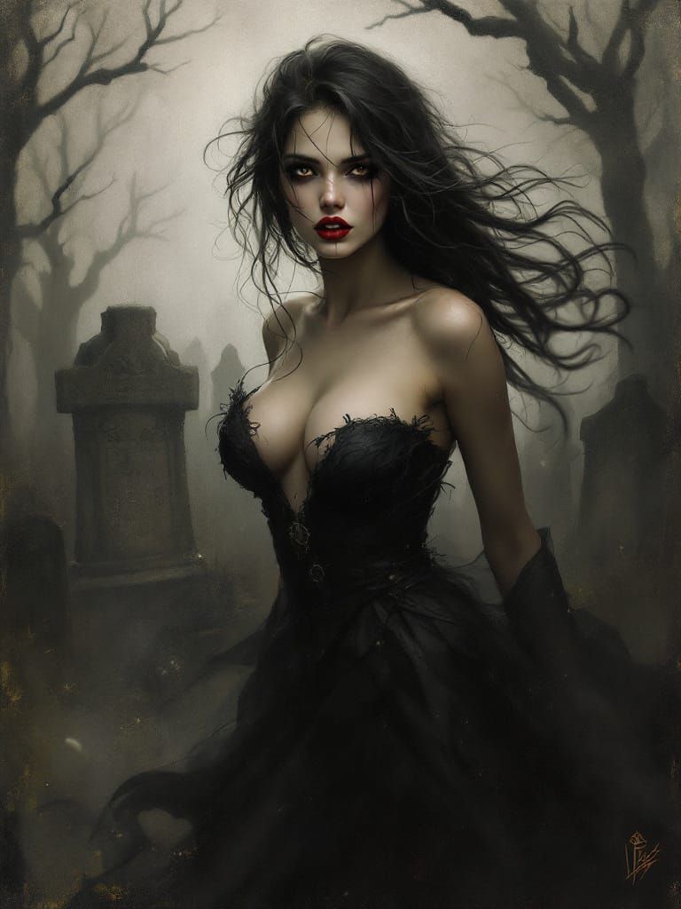 Misty Graveyard Huntress with Red Lips