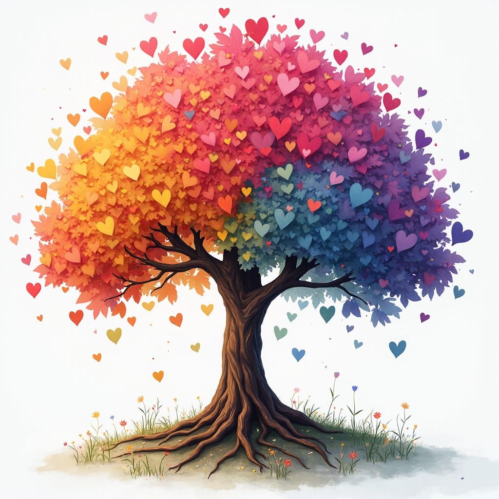 Beautiful Chibi Tree of Life with Rainbow Heart Leaves