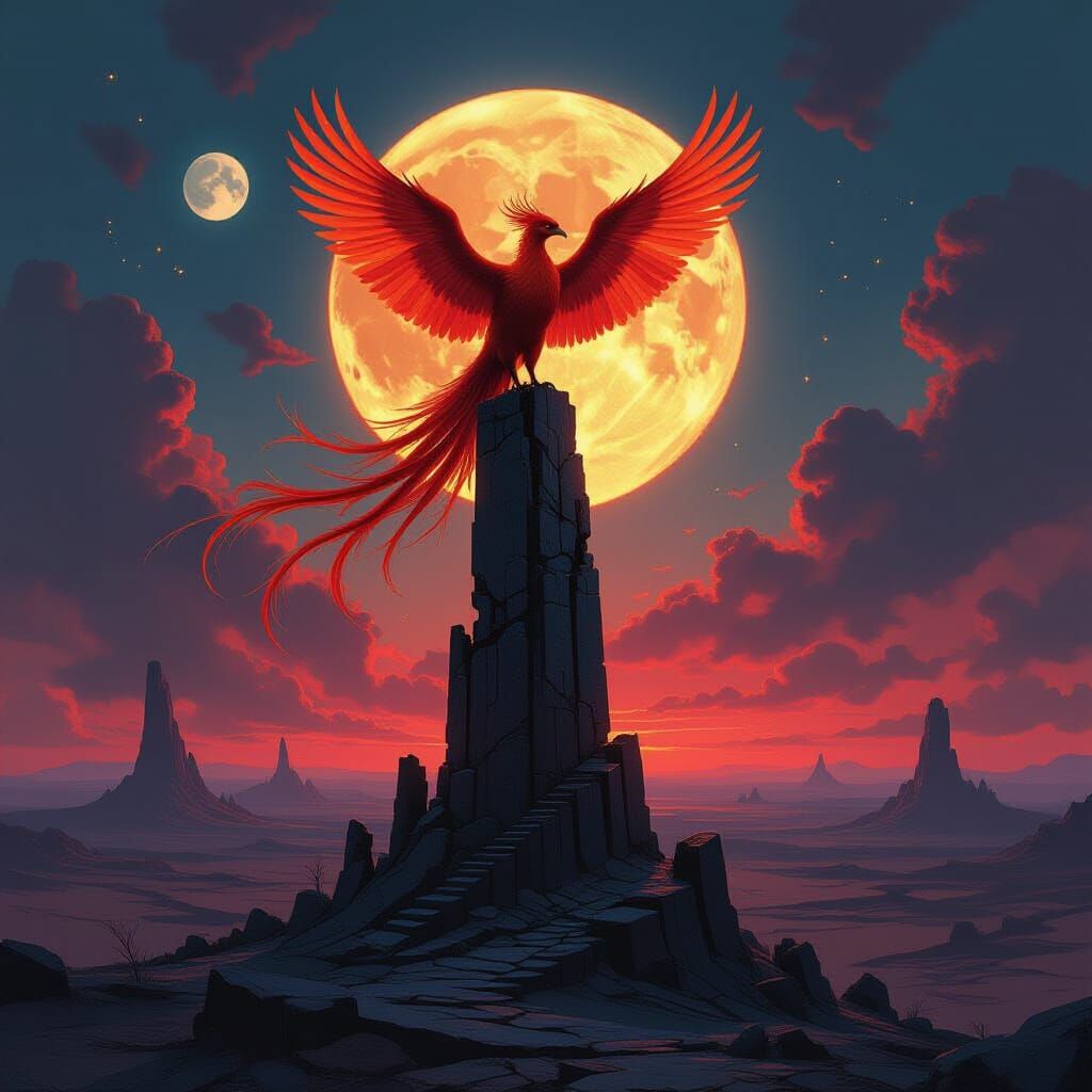 Phoenix Atop Obsidian Tower in Alien Landscape