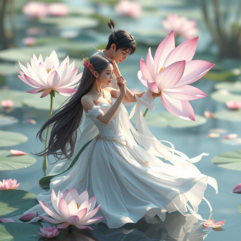 Elven Lotus Born Dancers in Ethereal Lake Scene