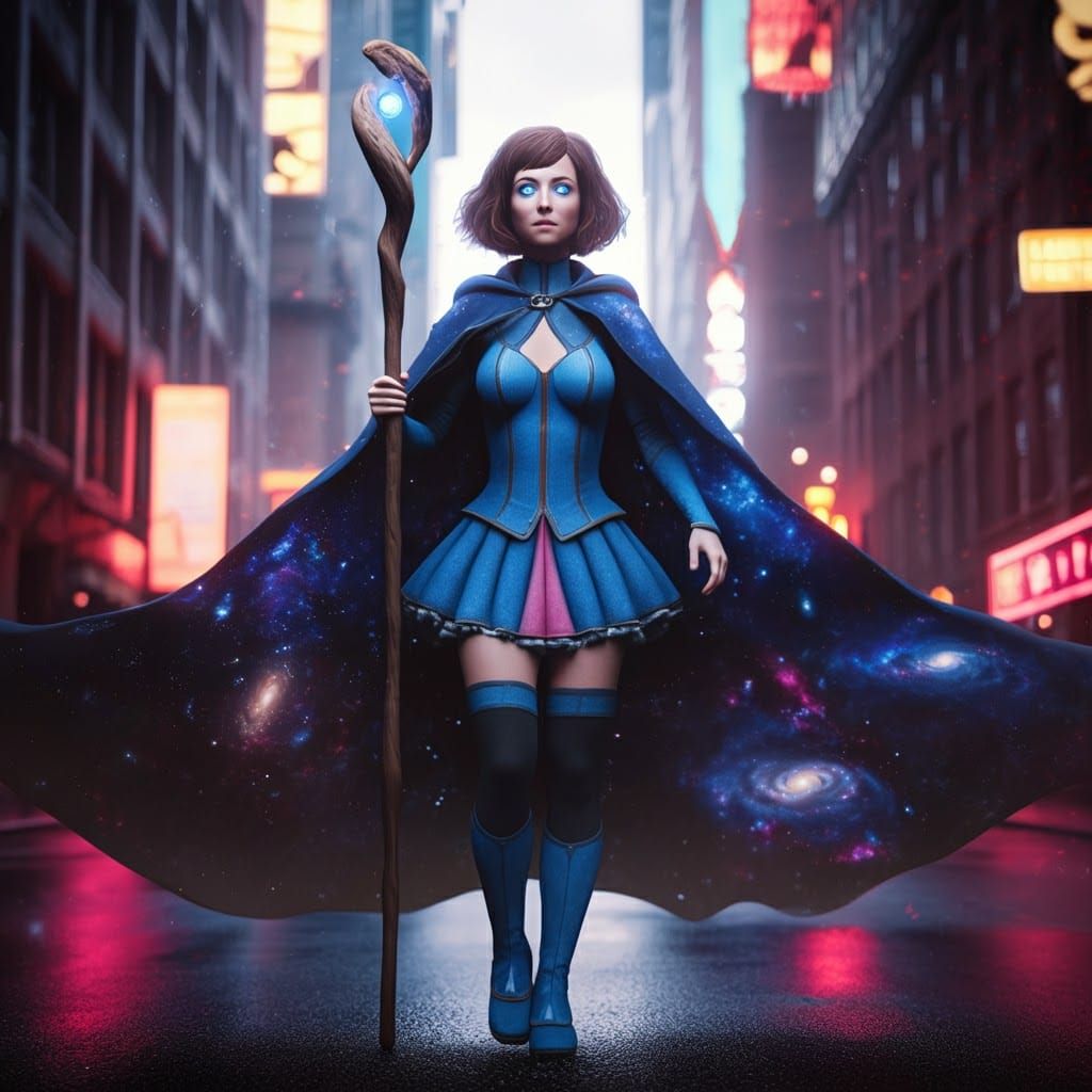 Magical Girl Hero in Cityscape, Digital Art