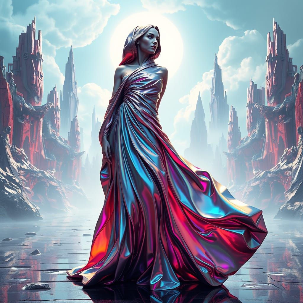 Cyberpunk Goddess Carved from Metallic Material in Iridescen...