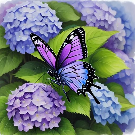Purple Butterfly on Hydrangea Watercolor