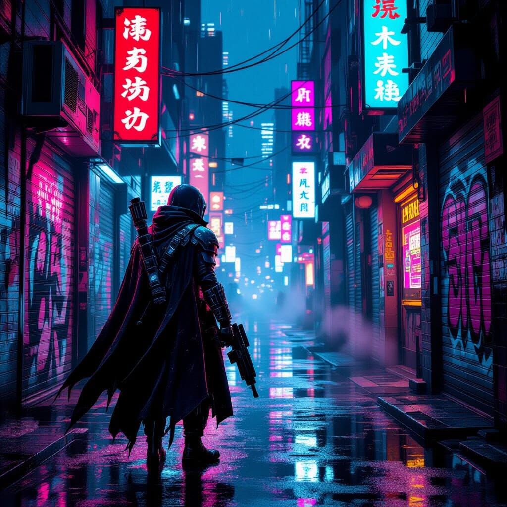 Cybernetic Bounty Hunter in Neon Alleyway: Dark Futurism