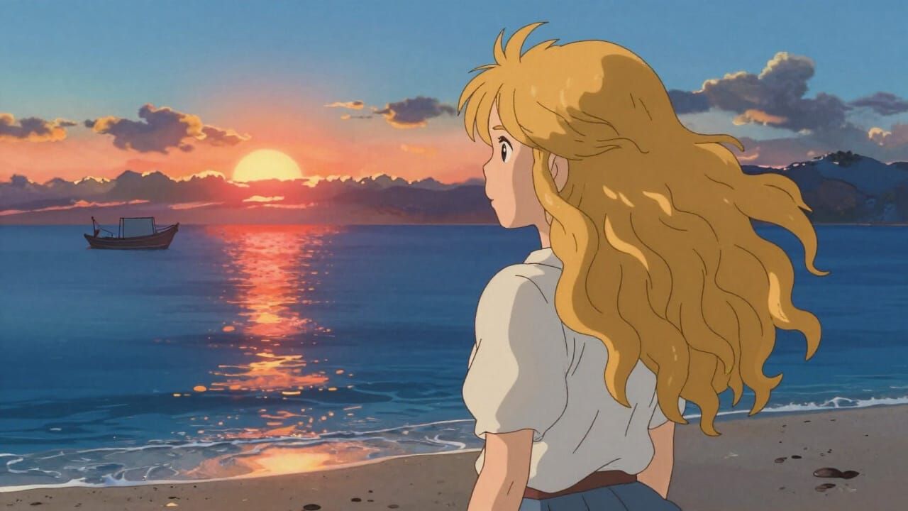 Golden Haired Girl Watches Sunset Over Blue Sea