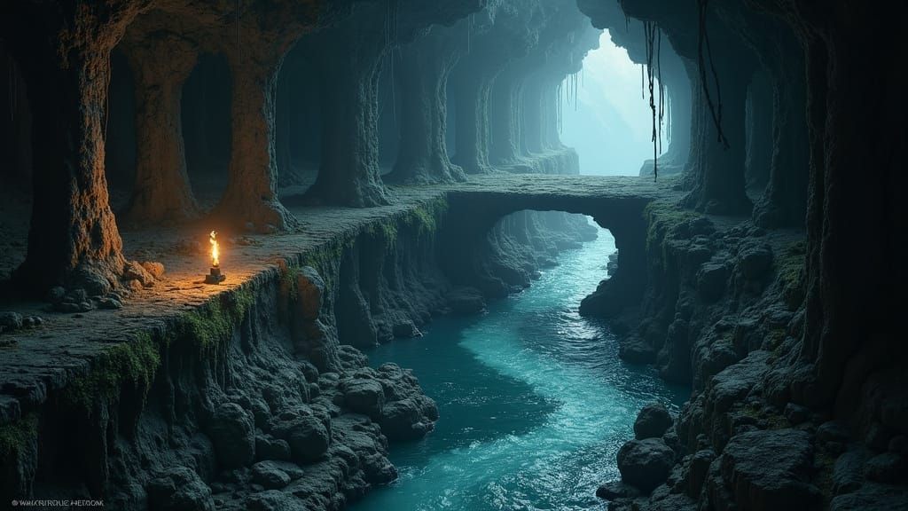 Ethereal Obsidian Cave with Ancient Pillars and Sunken River