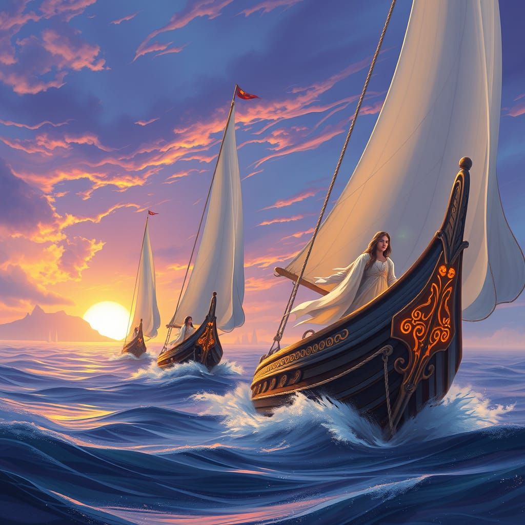 Majestic Elves Sail Across a Misty Sea in Art Nouveau Style