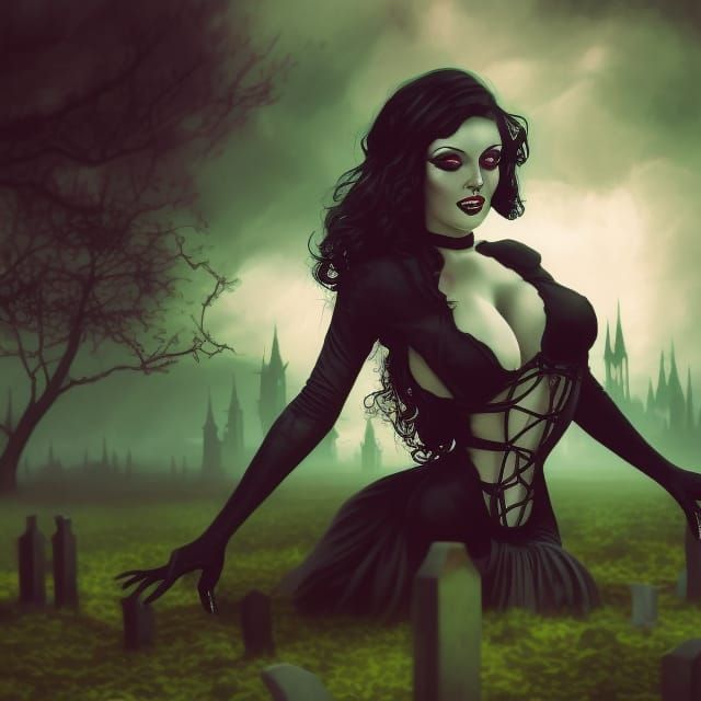 Gothic Pin-Up Girl Dancing in Graveyard, Detailed Art