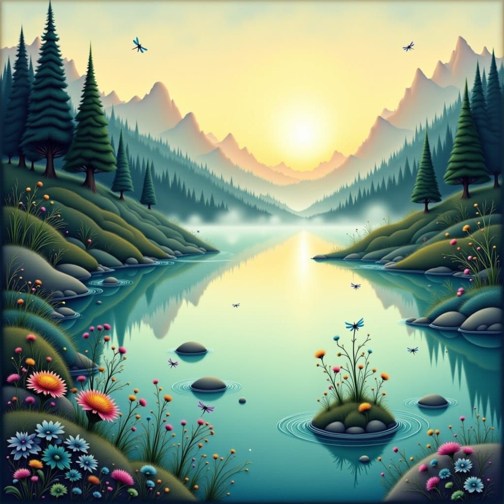 Misty Dawn Lake with Golden Sunlight and Dragonflies