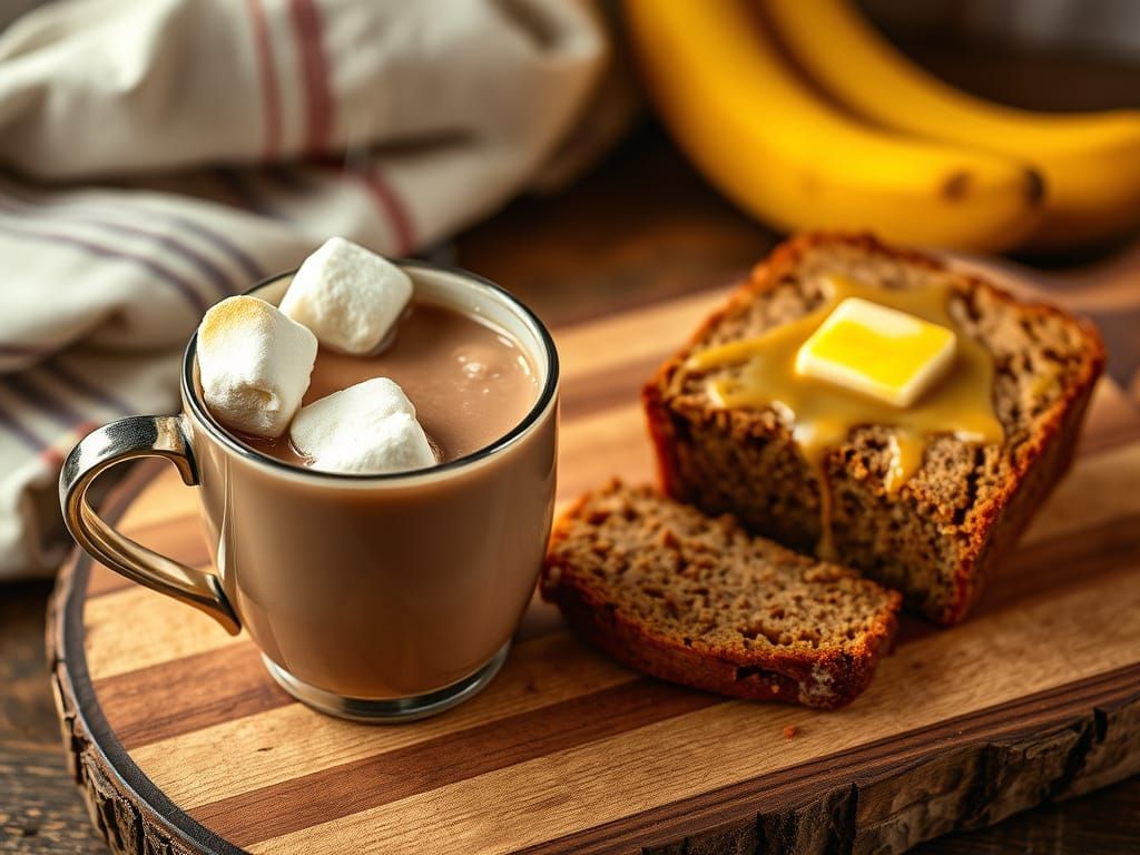 Cozy Hot Cocoa Still Life with Toasted Marshmallows and Bana...