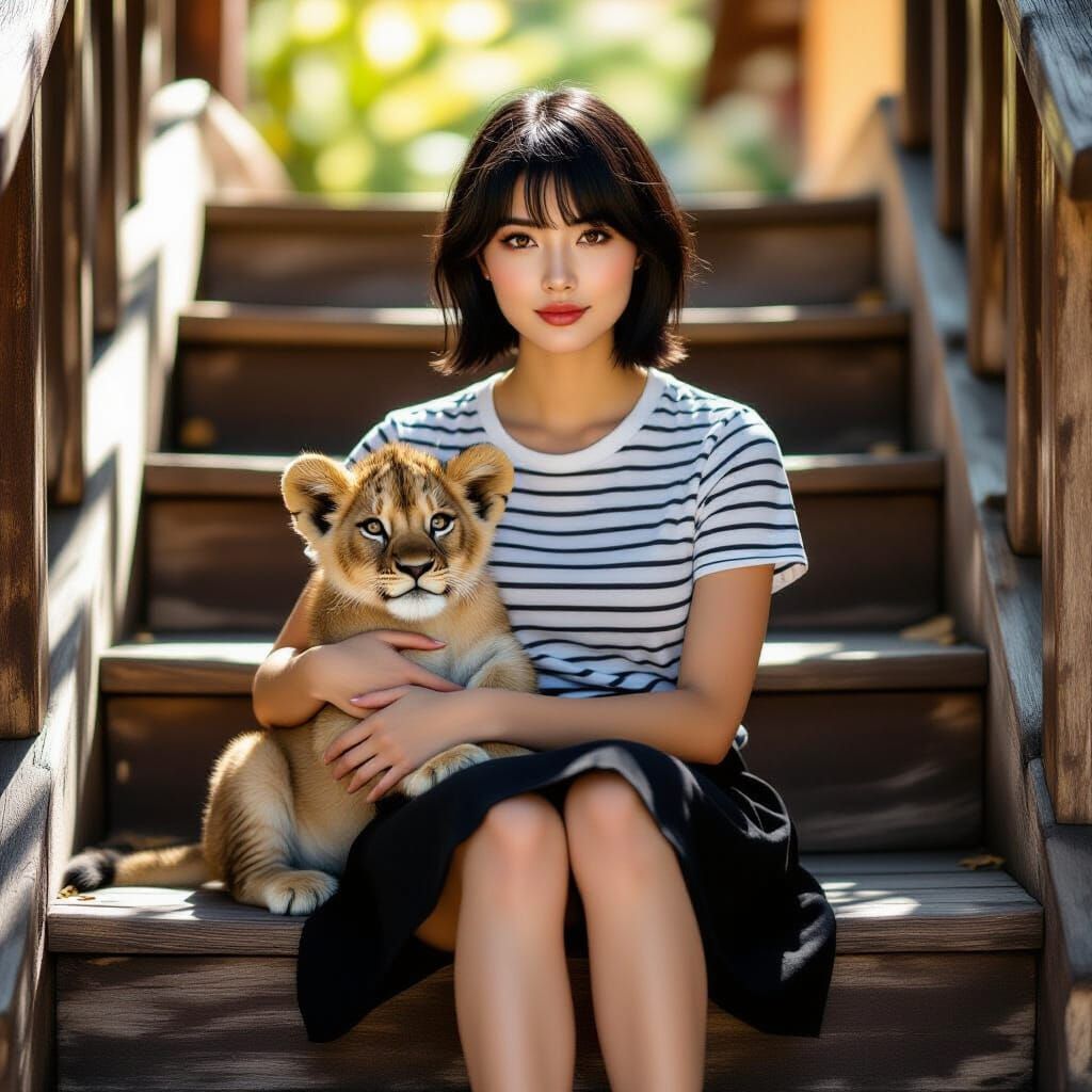 Young Woman Cradling Lion Cub in Sun-Drenched Photo