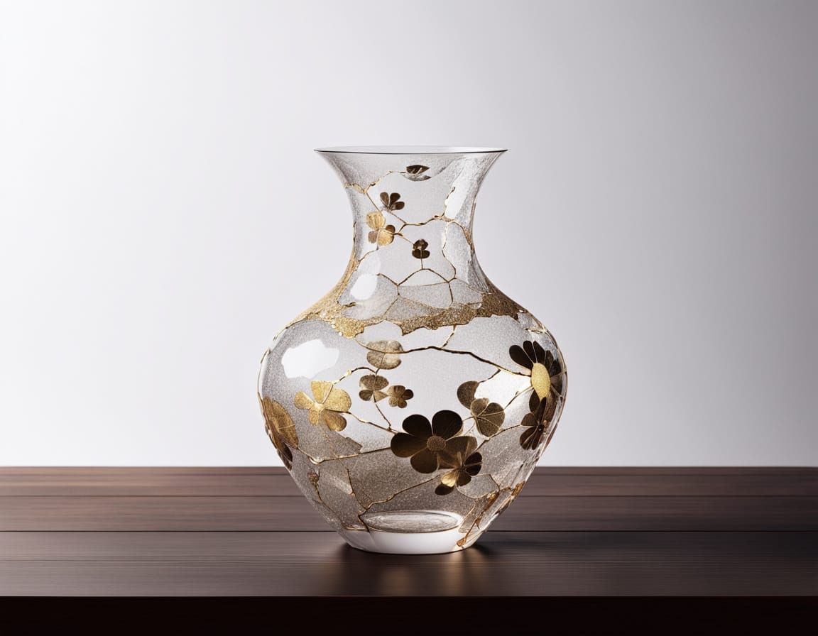 Concept art. Medium shot. A delicate, shattered glass vase, with fragments reassembled using golden Kintsugi technique, ...
