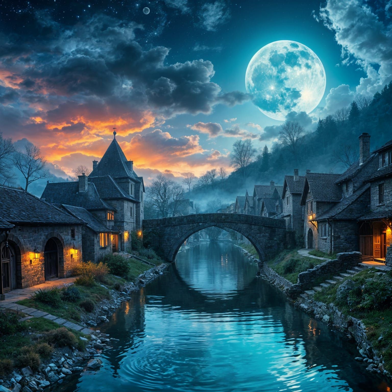 Medieval Village in Dreamlike Night Sky