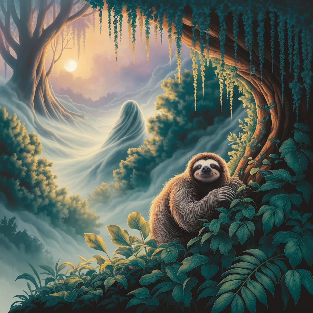 Ethereal Sloth in Misty Tropical Forest Golden Hour