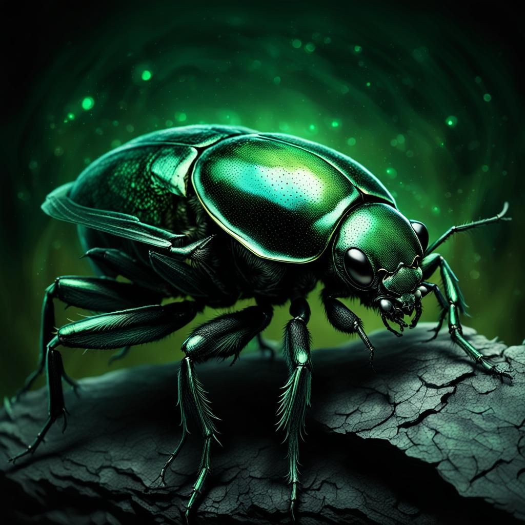 Eerie Green Beetle in Dark Fantasy Style