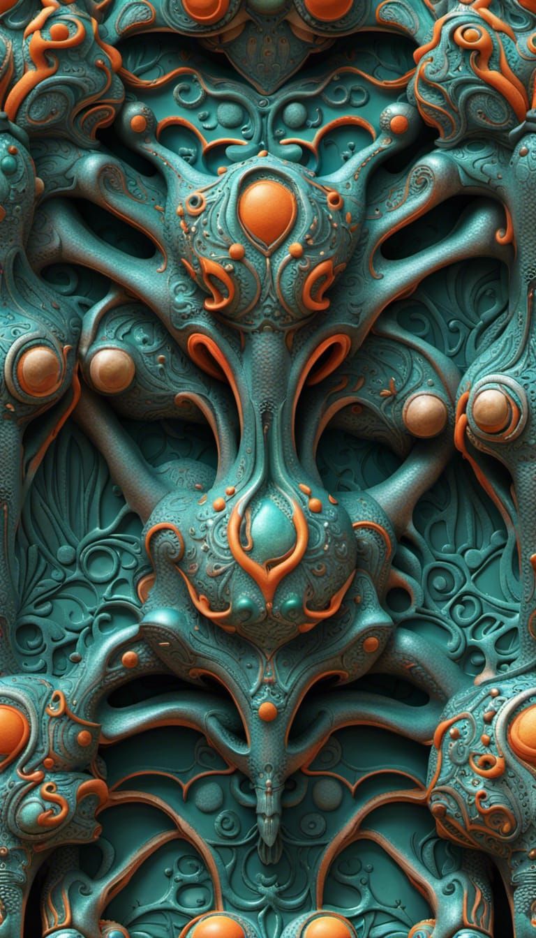 Ornate Organic Shapes in Teal and Orange, Hyperrealistic