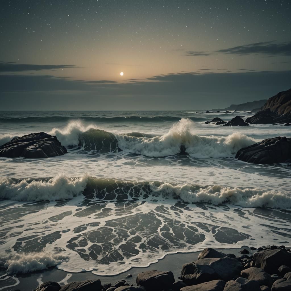 Dramatic Night Waves on Rocky Shoreline