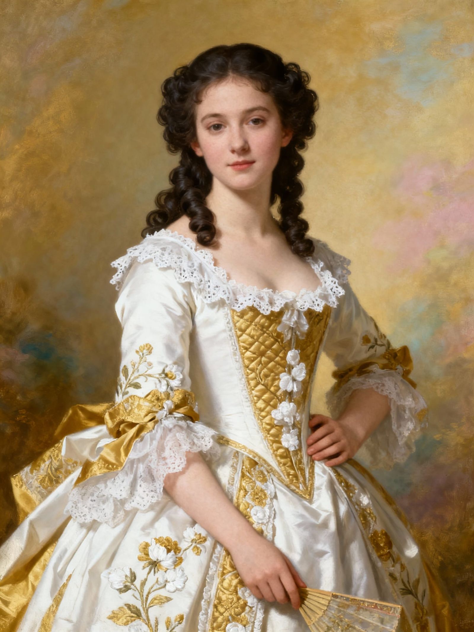 18th Century Woman in White Gold Embroidered Gown