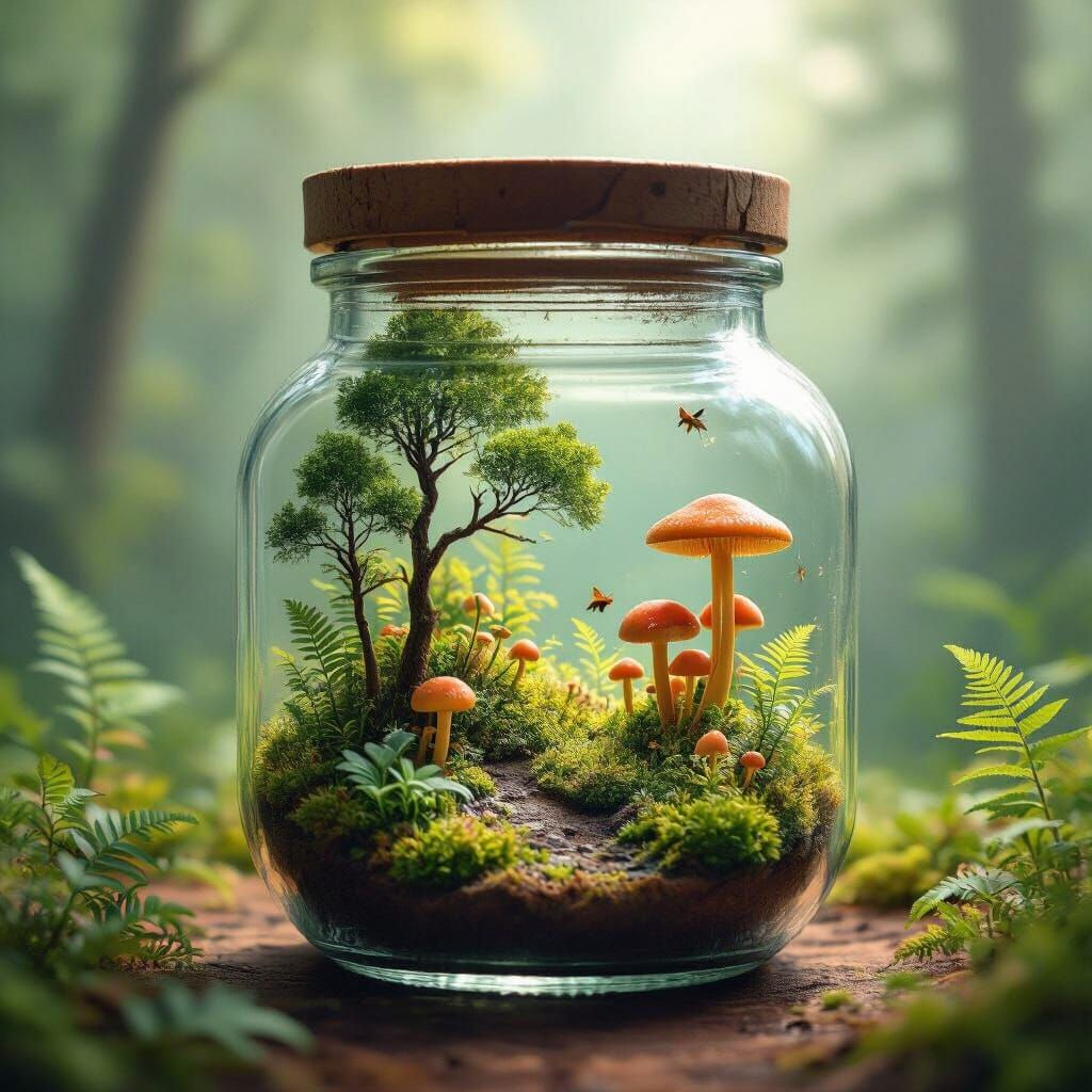 Miniature Ecosystem in Glass Jar, Dreamlike Scene