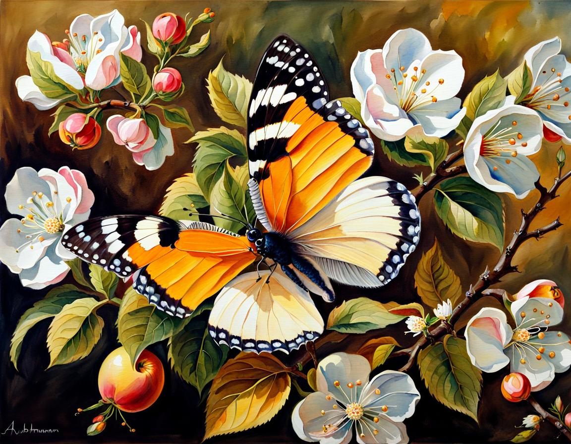 Apple Blossom and Butterfly Watercolor Art