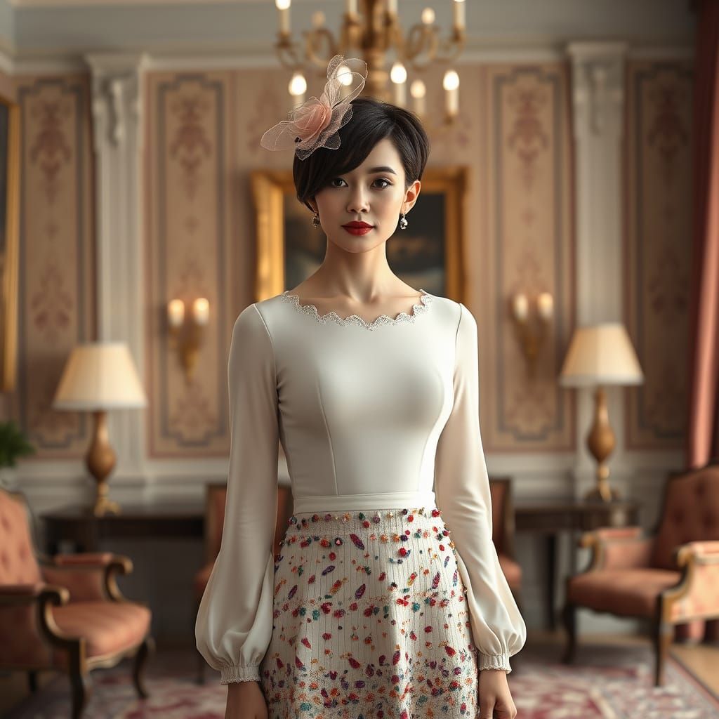 Woman in Knit Crystal Dress in Ornate Parlor