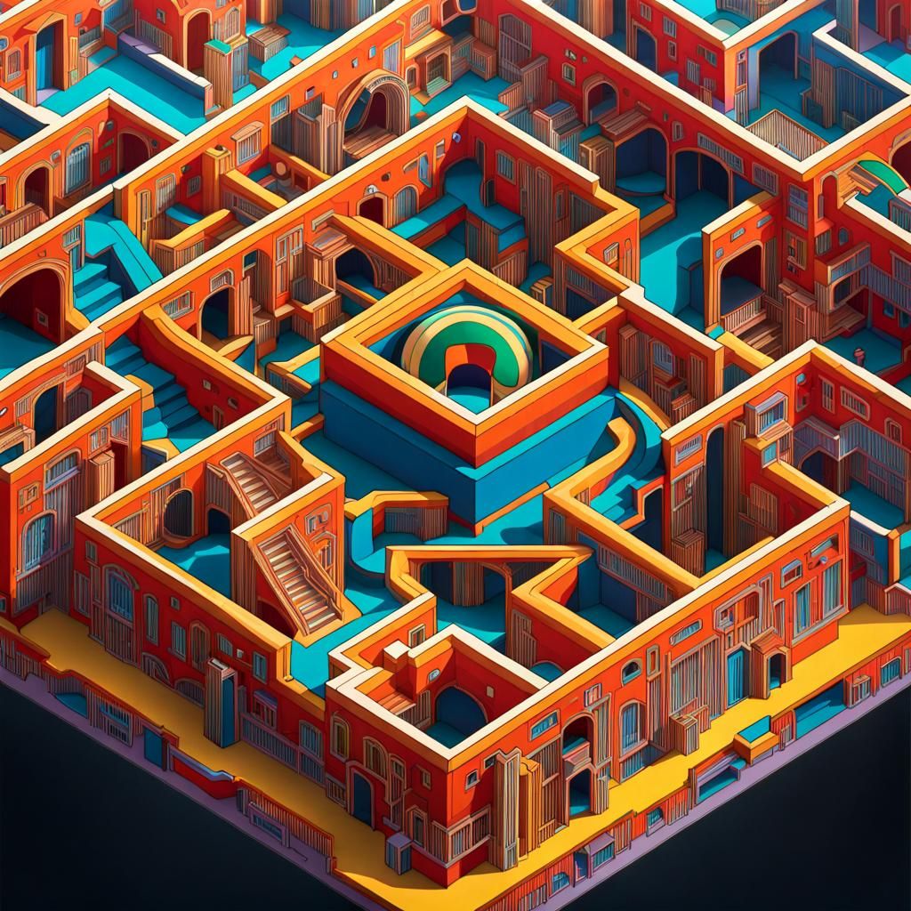 Isometric Funhouse Maze World in Surrealist Style