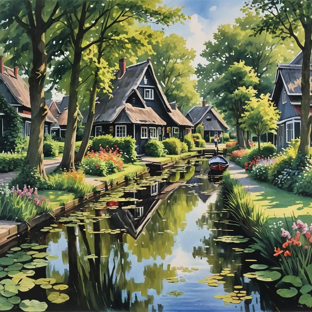 Giethoorn Summer Day in Gouache Style