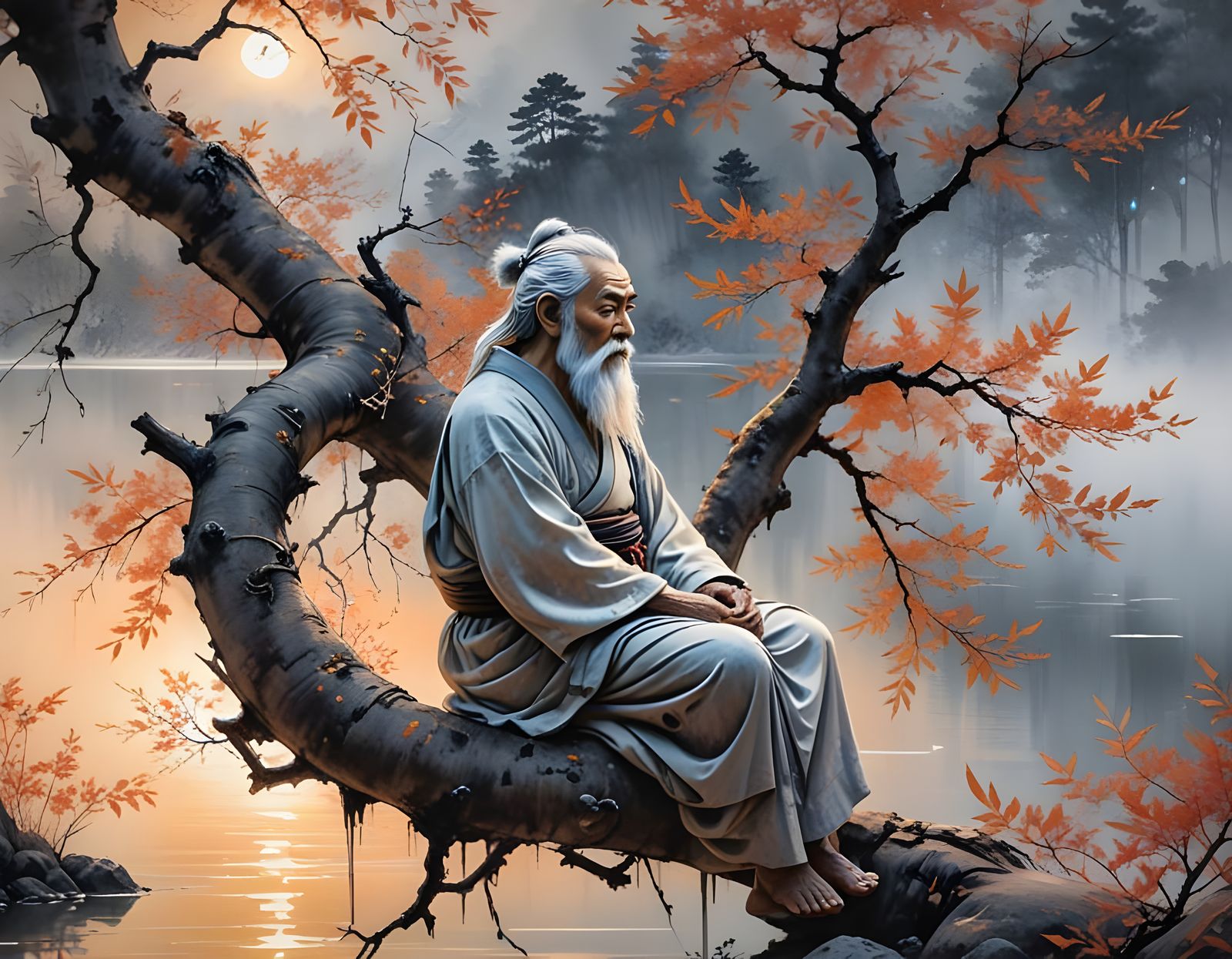 Wise Man Gazing at Lake in Sumi-e Style