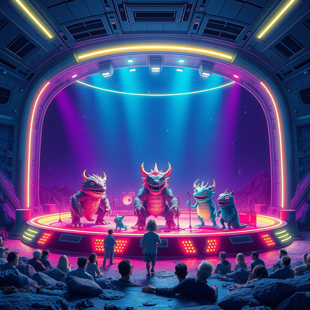 Neon Monster Concert on Distant Planet in Cyberpunk Style