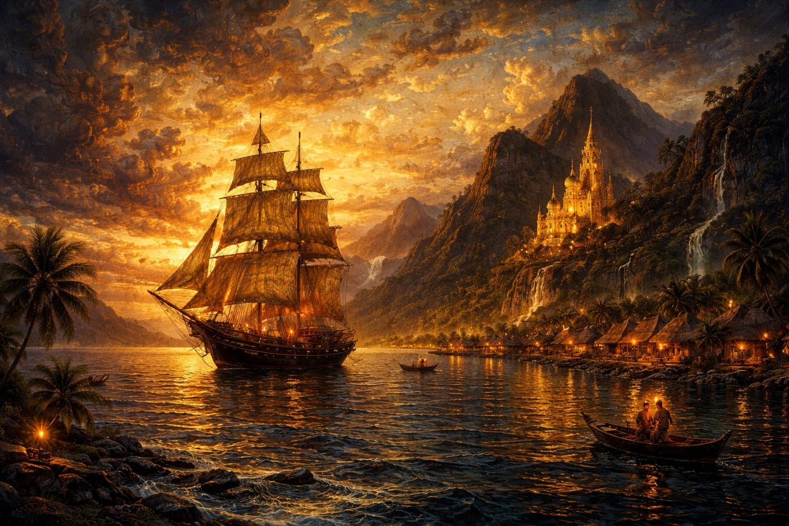 Polynesian Port Sunset with Sailing Ship