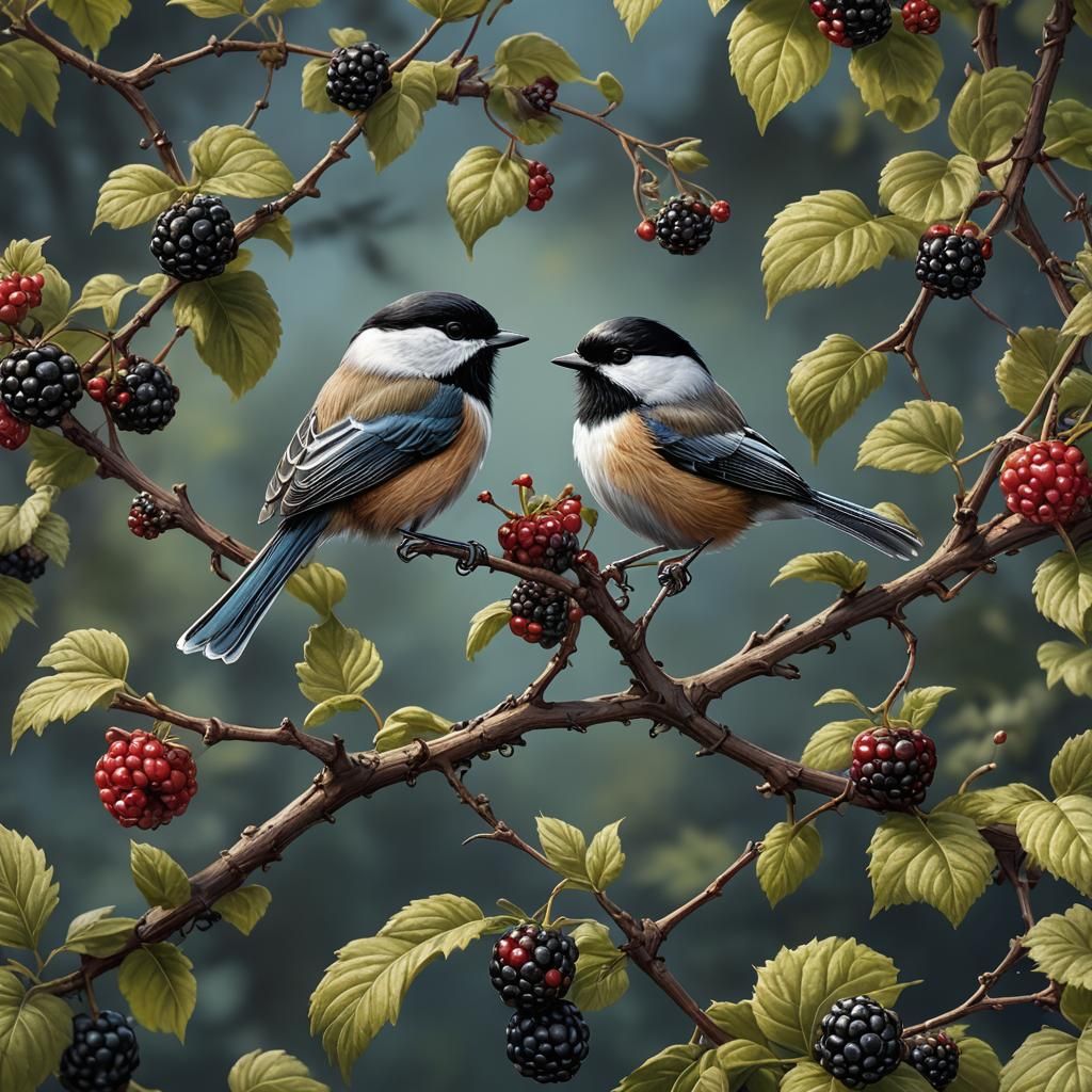 Chickadee on Blackberry Vine: Detailed Matte Painting