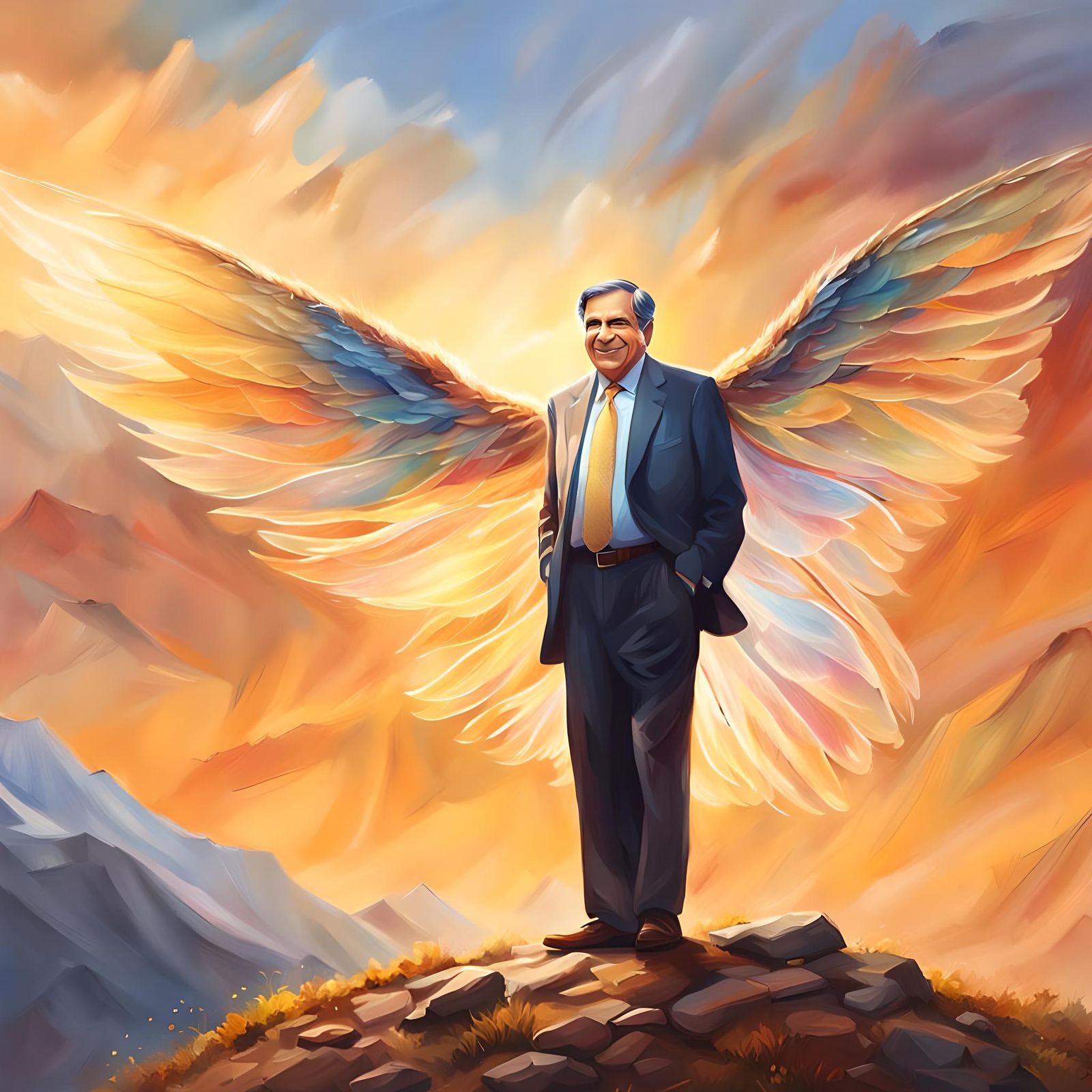 Man with Angel Wings on Top of the World