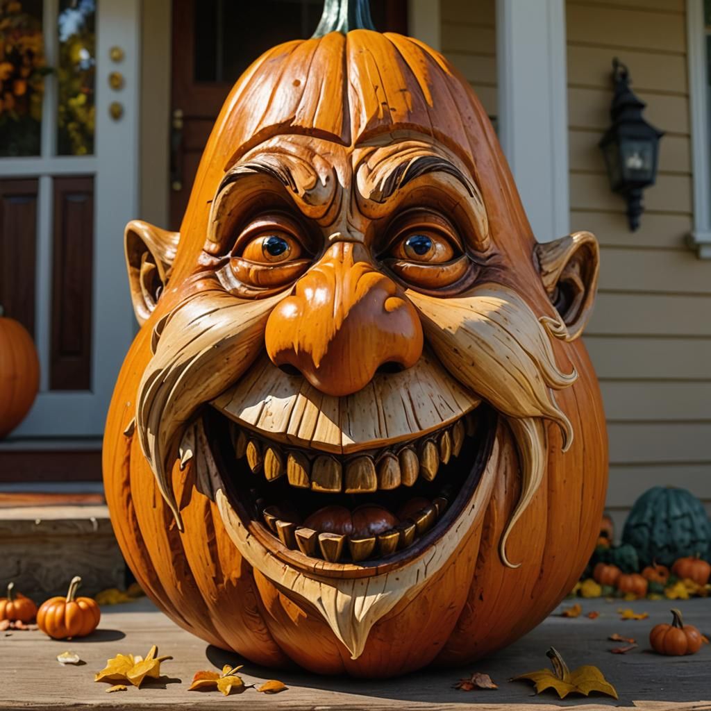 Whimsical Gnome Pumpkin Sculpture in Cherry Wood