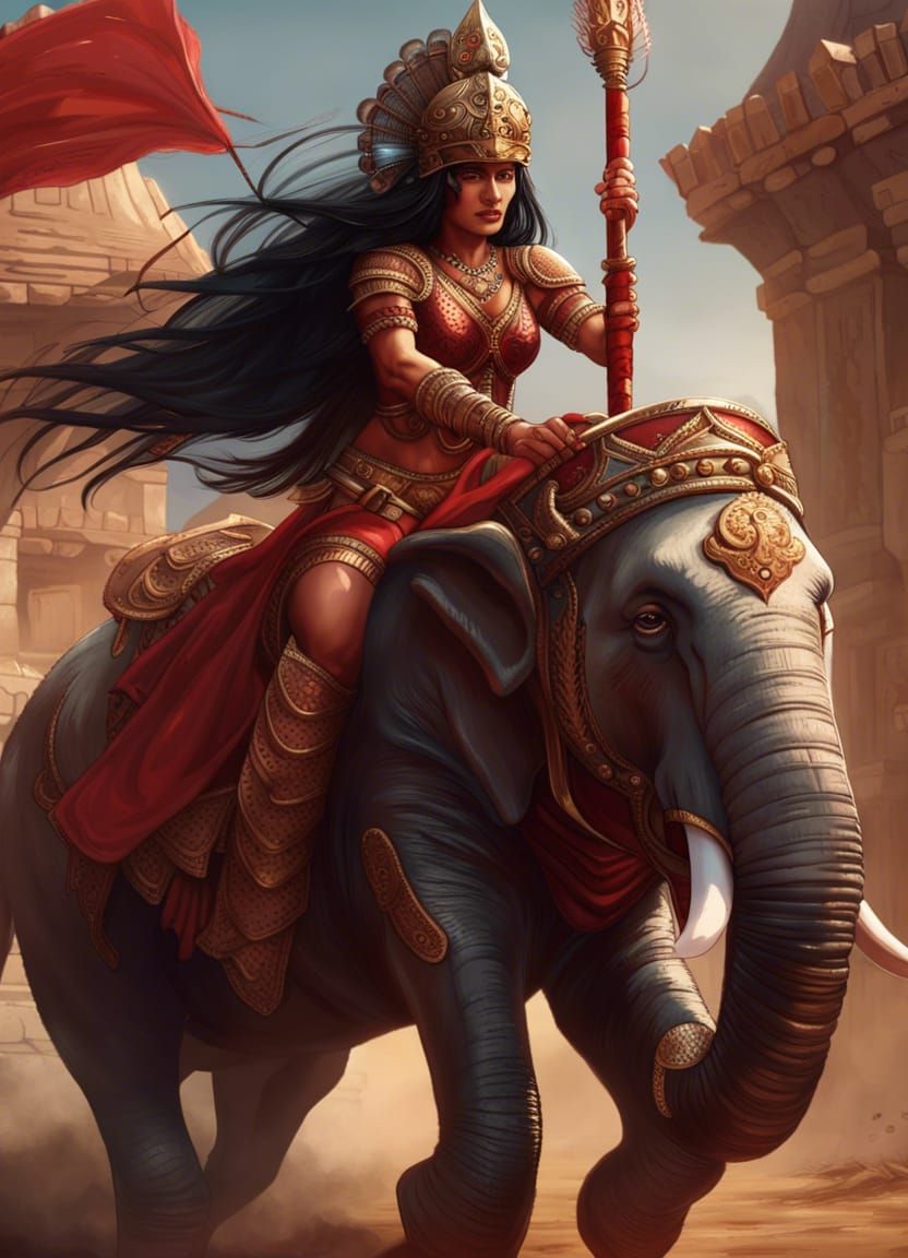 Indian Warrior Princess on Elephant in Epic Armor