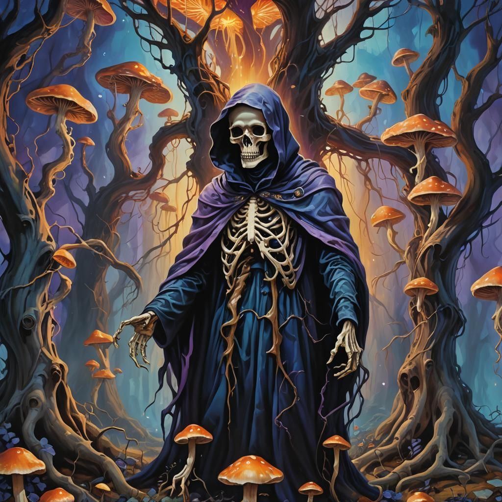 Death in Mystical Realm: Surreal Oil Painting