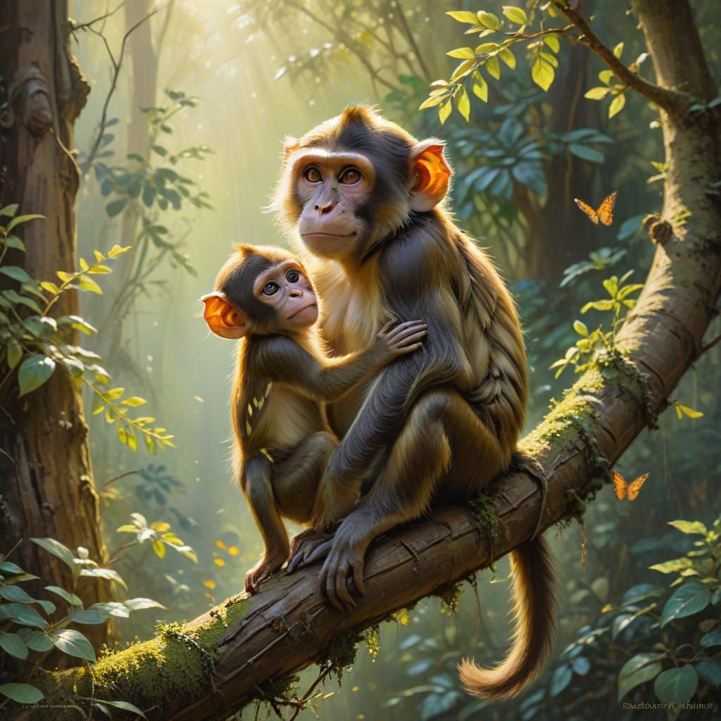Mother Monkey Cradles Baby in Serene Tropical Oasis