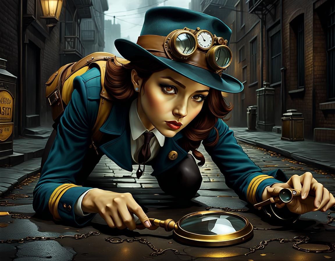 Steampunk Girl Detective in Moody Alleyway