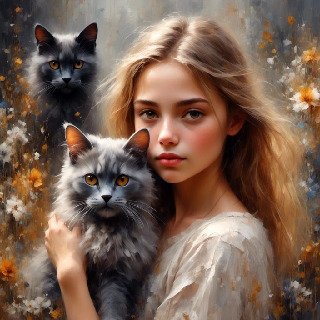 Girl with Cat Portrait in Impressionist Style
