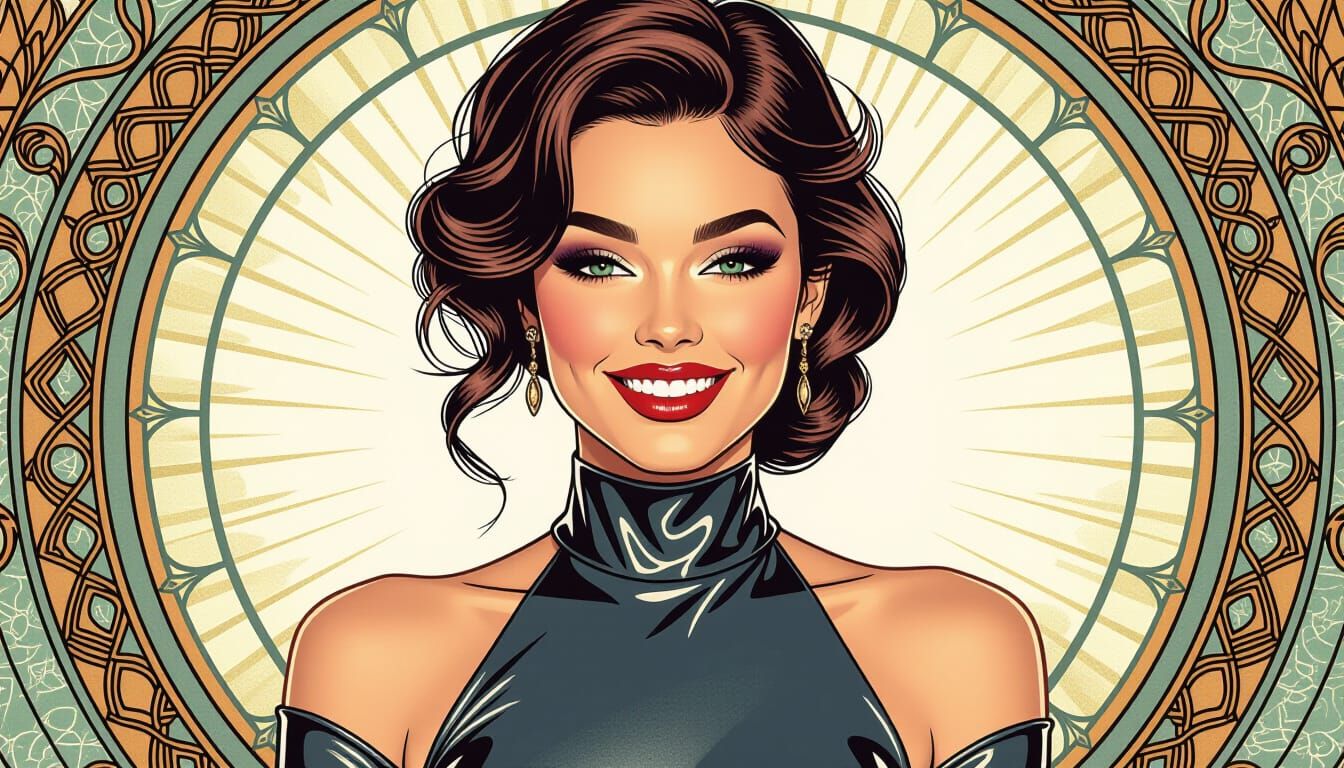 Model in Latex Dress: Line Art Illustration