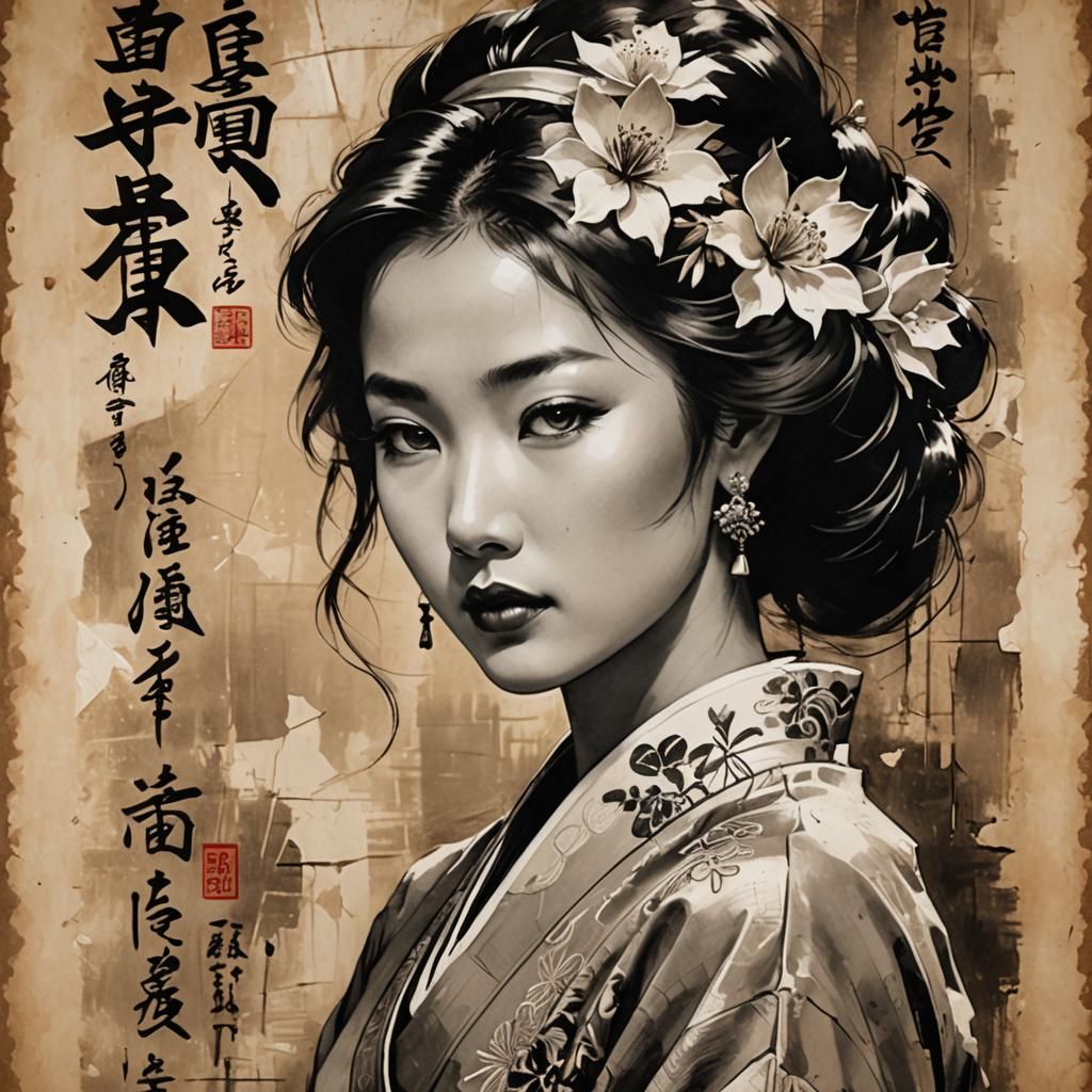 Monochrome Japanese Lady Portrait with Calligraphy