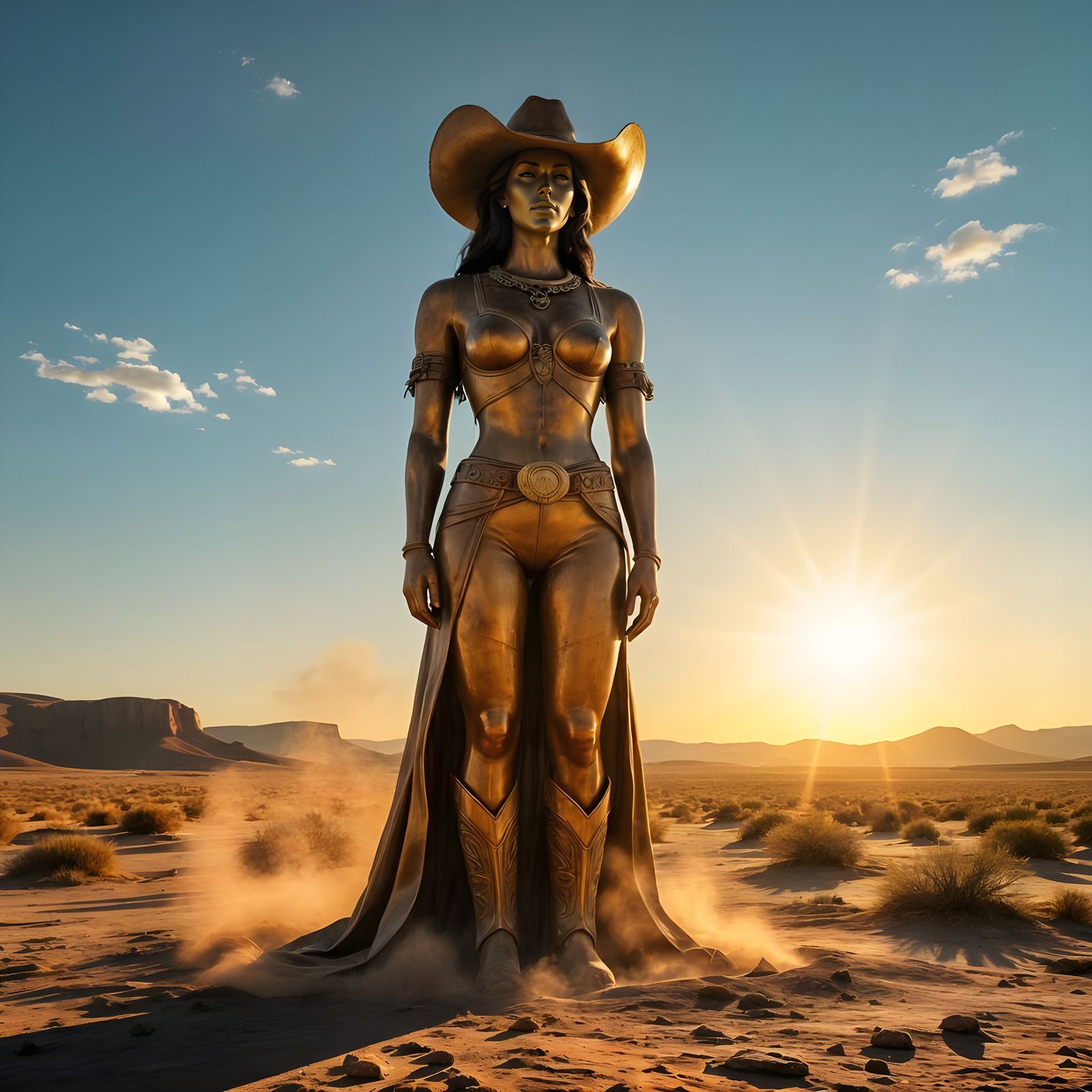 Colossal Stone Cowgirl Statue in Desert Landscape